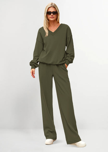 Osonn Casual Winter Two Piece Sets for Women V Neck Sweatshirt Loose Wide Leg Pants Tracksuit Knit Fall Outfits