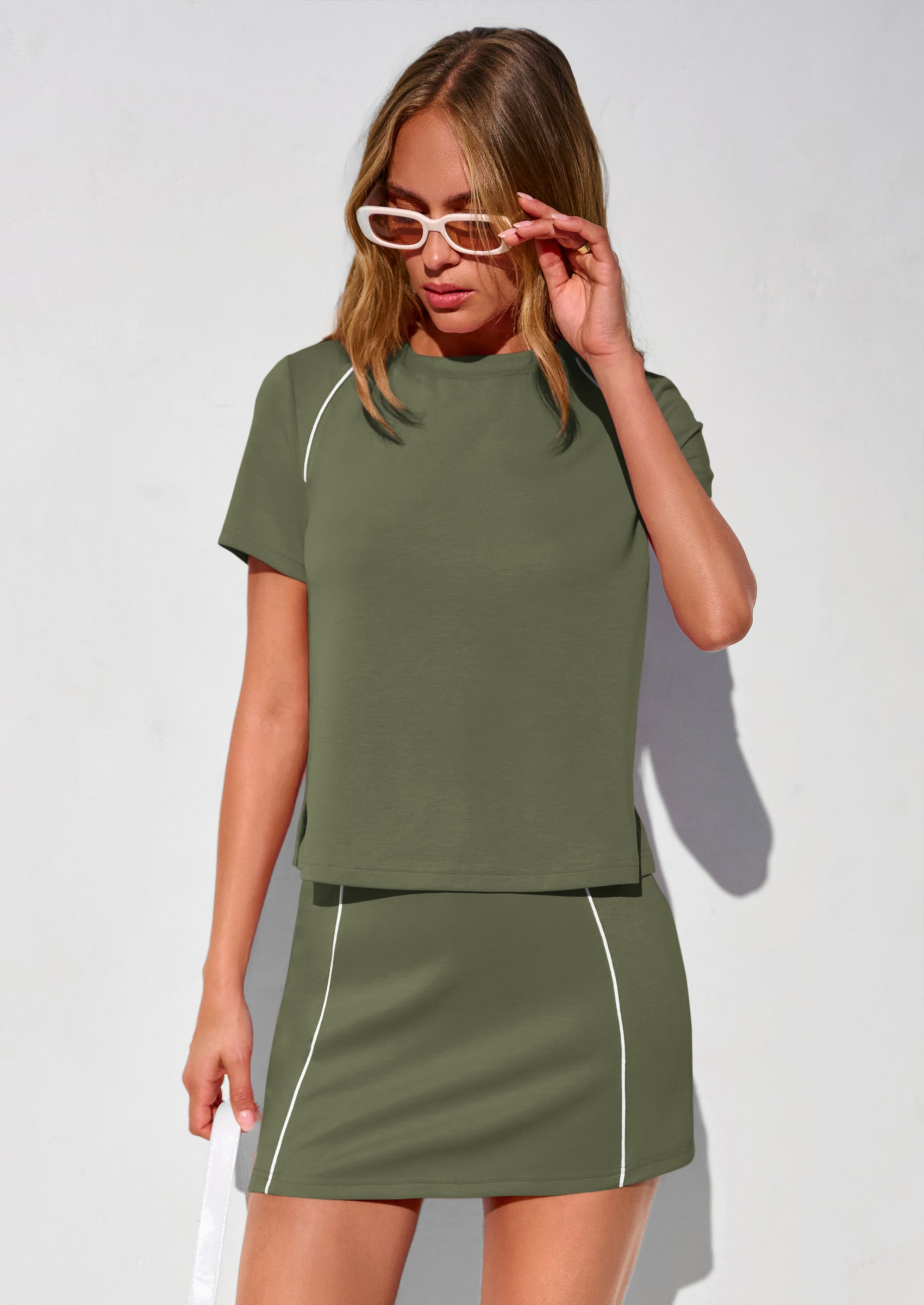 Osonn Women's Summer 2 Piece Skirt Sets Short Sleeve Shirts Tops Skorts Matching Workout Clothes Travel Outfits