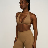 Elevate™ Sculpting Seamless V-Neck Halter Bra | Toffee