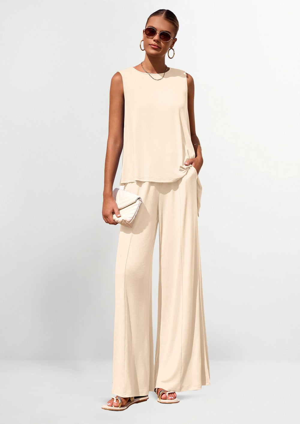Osonn Women's Two Piece Matching Lounge Sets Asymmetrical Split Tank Tops Wide Leg Pants Summer Outfits Tracksuit