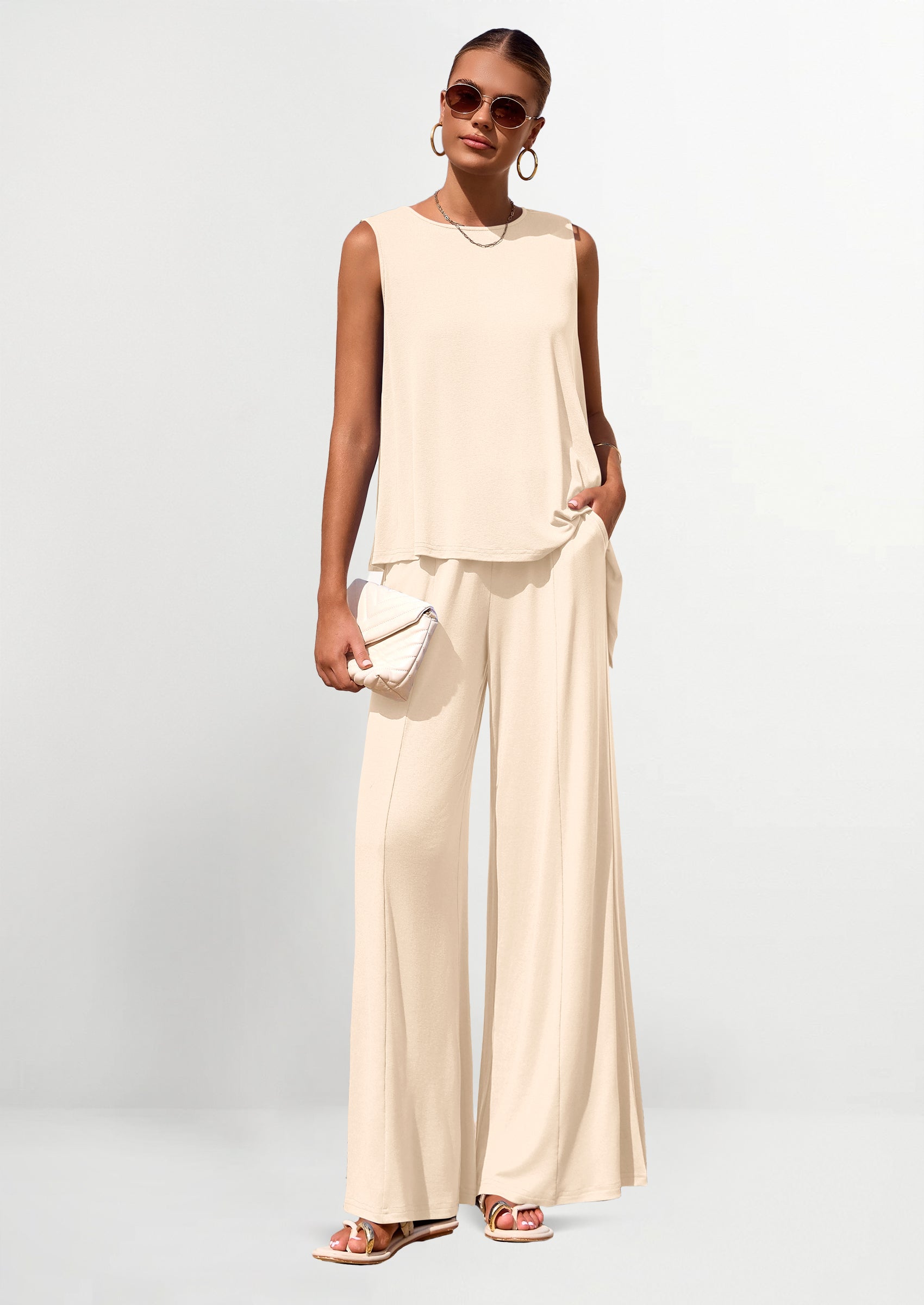 Osonn Women's Two Piece Matching Lounge Sets Asymmetrical Split Tank Tops Wide Leg Pants Summer Outfits Tracksuit