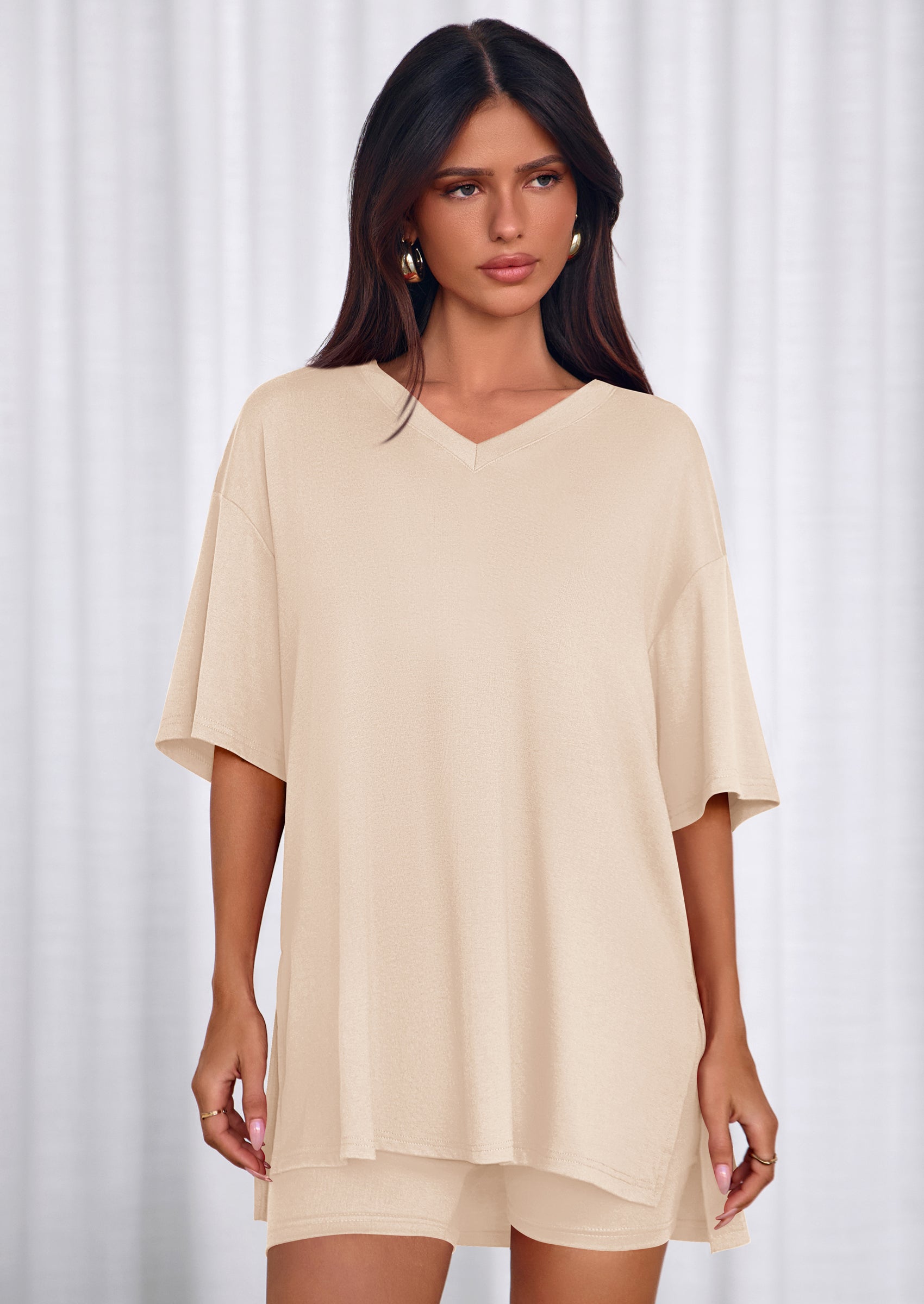Osonn 2 Piece Sets for Women Summer Lounge Short Set Spring Matching Biker Shorts V Neck Oversized Shirt Clothing