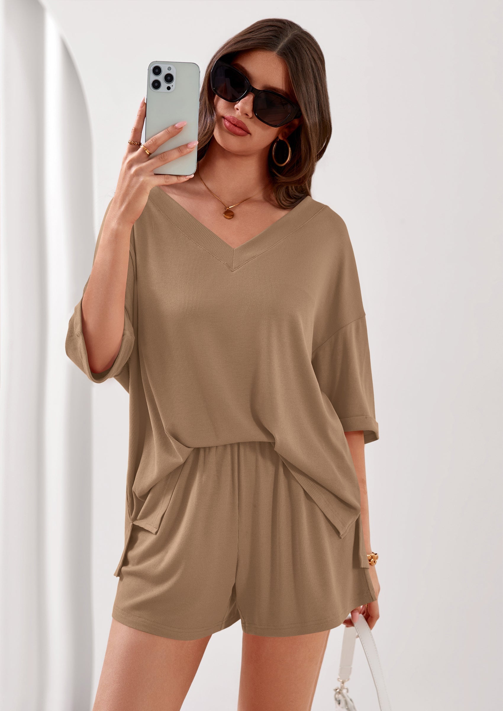 Osonn Womens 2 Piece Sets Oversized Vneck Half Sleeve Tops Shorts Lounge Set Casual Summer Travel Beach Outfits