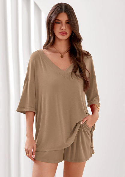 Osonn Womens 2 Piece Sets Oversized Vneck Half Sleeve Tops Shorts Lounge Set Casual Summer Travel Beach Outfits