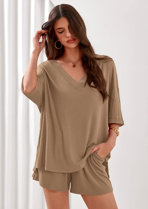 Osonn Womens 2 Piece Sets Oversized Vneck Half Sleeve Tops Shorts Lounge Set Casual Summer Travel Beach Outfits