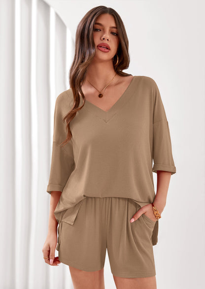 Osonn Womens 2 Piece Sets Oversized Vneck Half Sleeve Tops Shorts Lounge Set Casual Summer Travel Beach Outfits