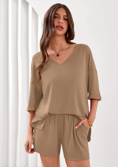 Osonn Womens 2 Piece Sets Oversized Vneck Half Sleeve Tops Shorts Lounge Set Casual Summer Travel Beach Outfits