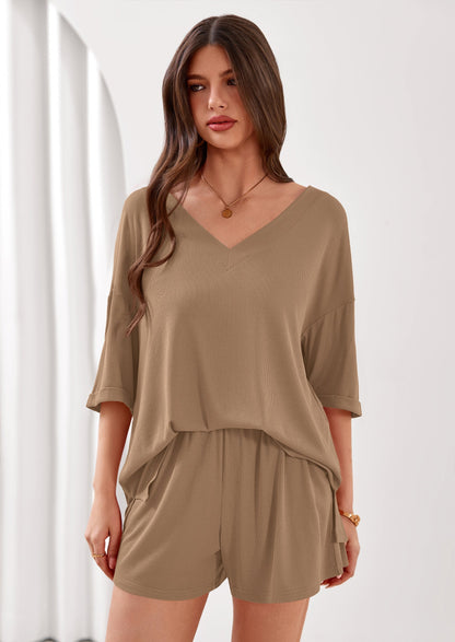 Osonn Womens 2 Piece Sets Oversized Vneck Half Sleeve Tops Shorts Lounge Set Casual Summer Travel Beach Outfits