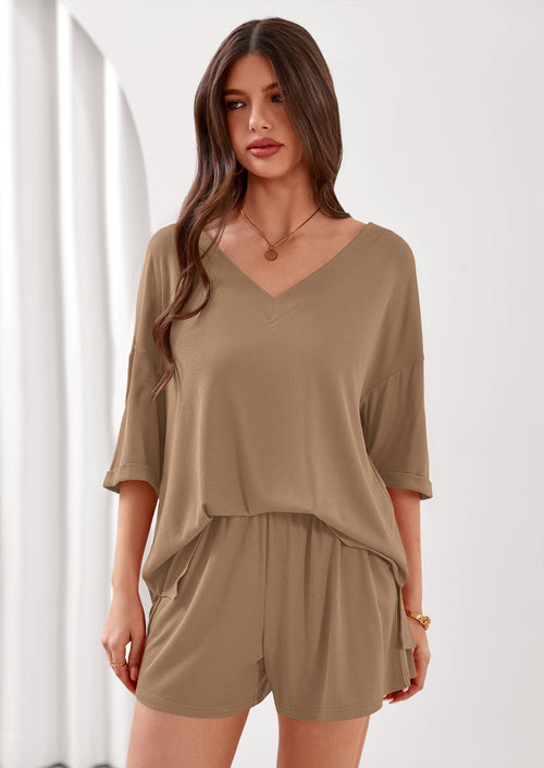 Osonn Womens 2 Piece Sets Oversized Vneck Half Sleeve Tops Shorts Lounge Set Casual Summer Travel Beach Outfits