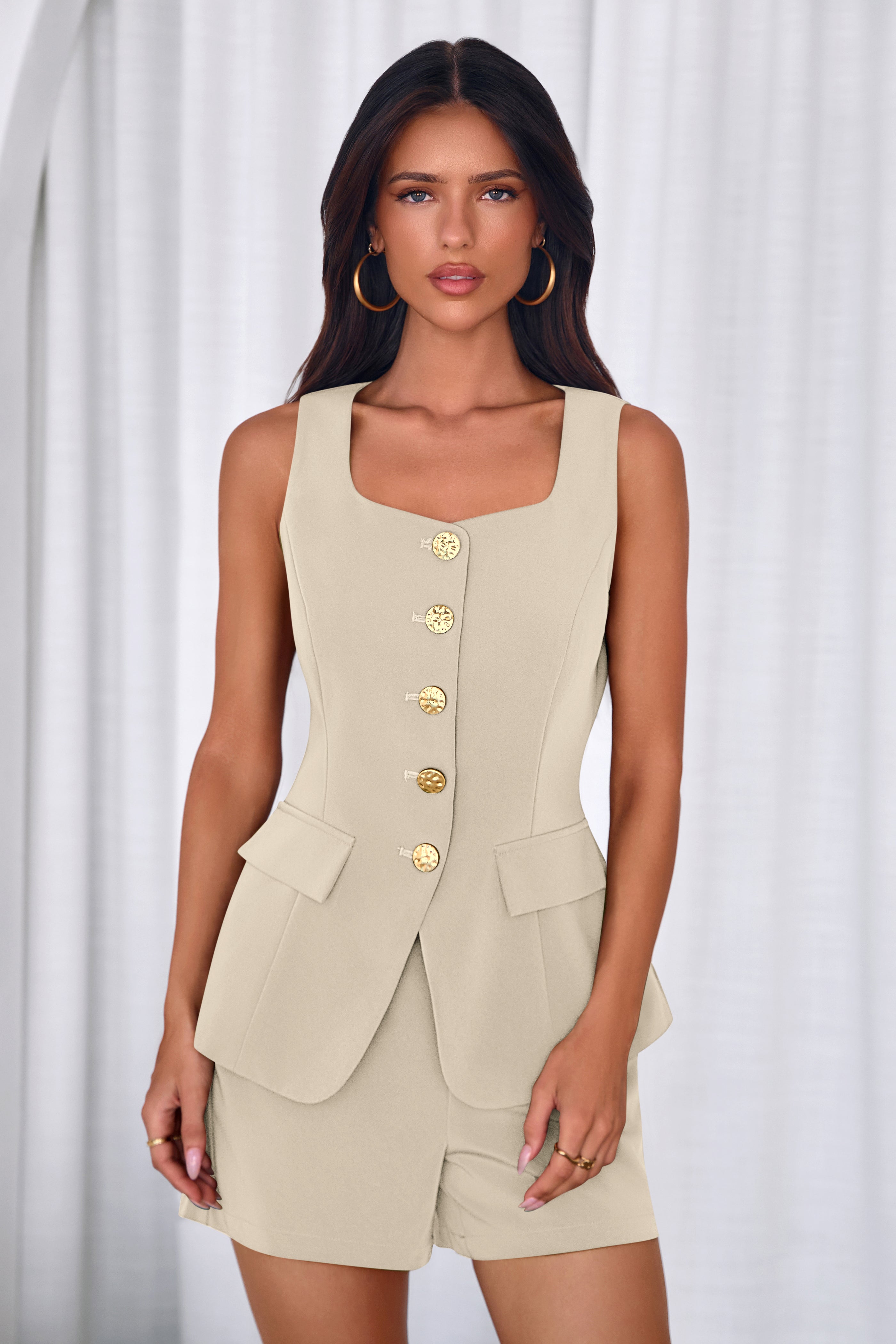 Osonn Womens 2 Piece Matching Sets Fashion Button Down Suit Vest Tops Shorts Set Spring Business Casual Outfits