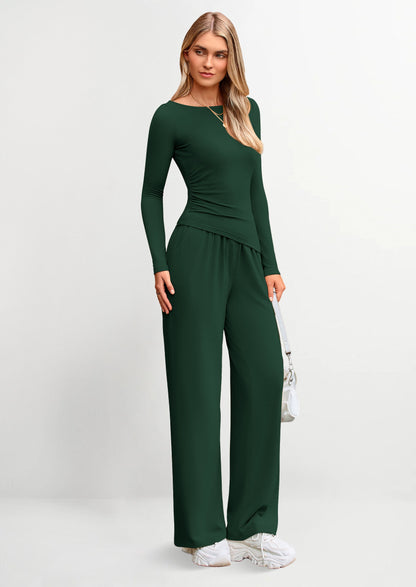 Osonn Women's 2 Piece Lounge Sets Asymmetrical Long Sleeve T Shirt Wide Leg Pants Casual Outfits Tracksuit