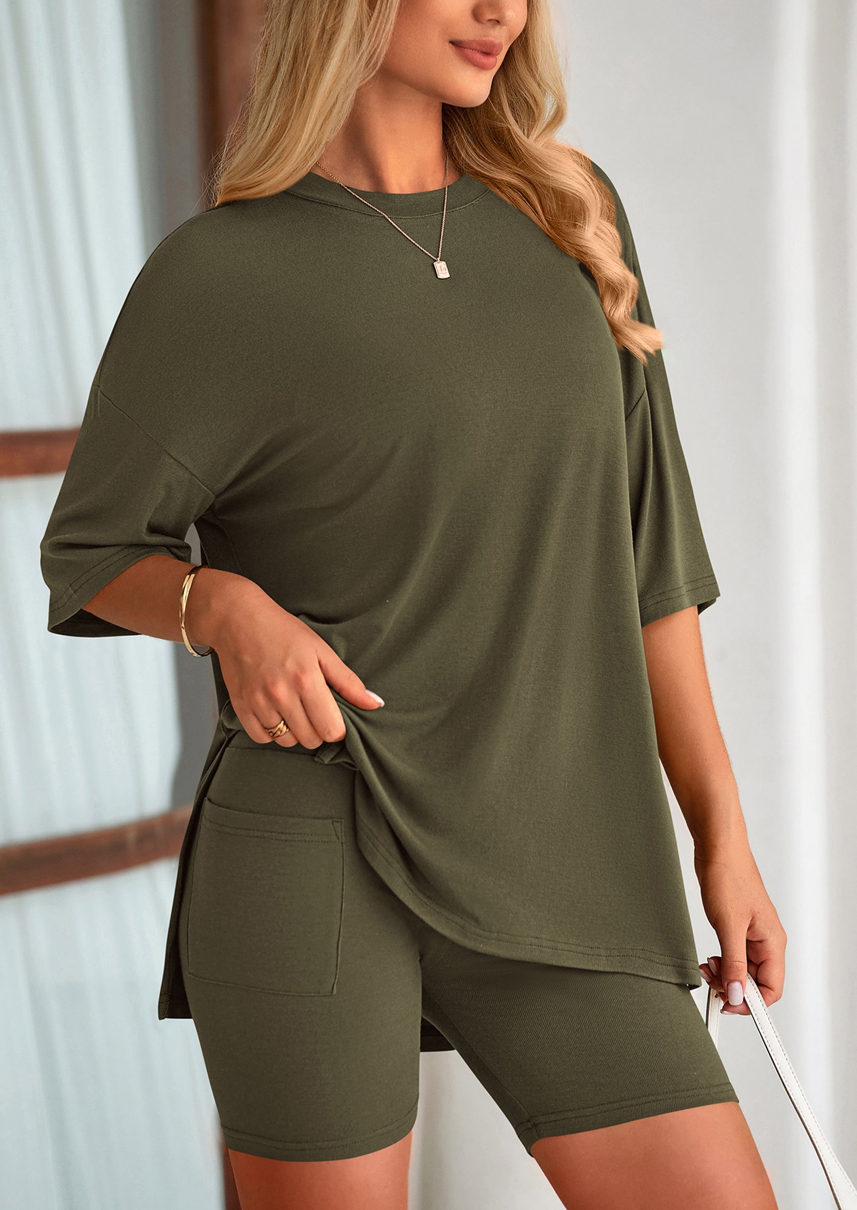 Osonn Women's Two Piece Lounge Set Summer Casual Oversized Shirts Biker Shorts Matching Airport Travel Outfit