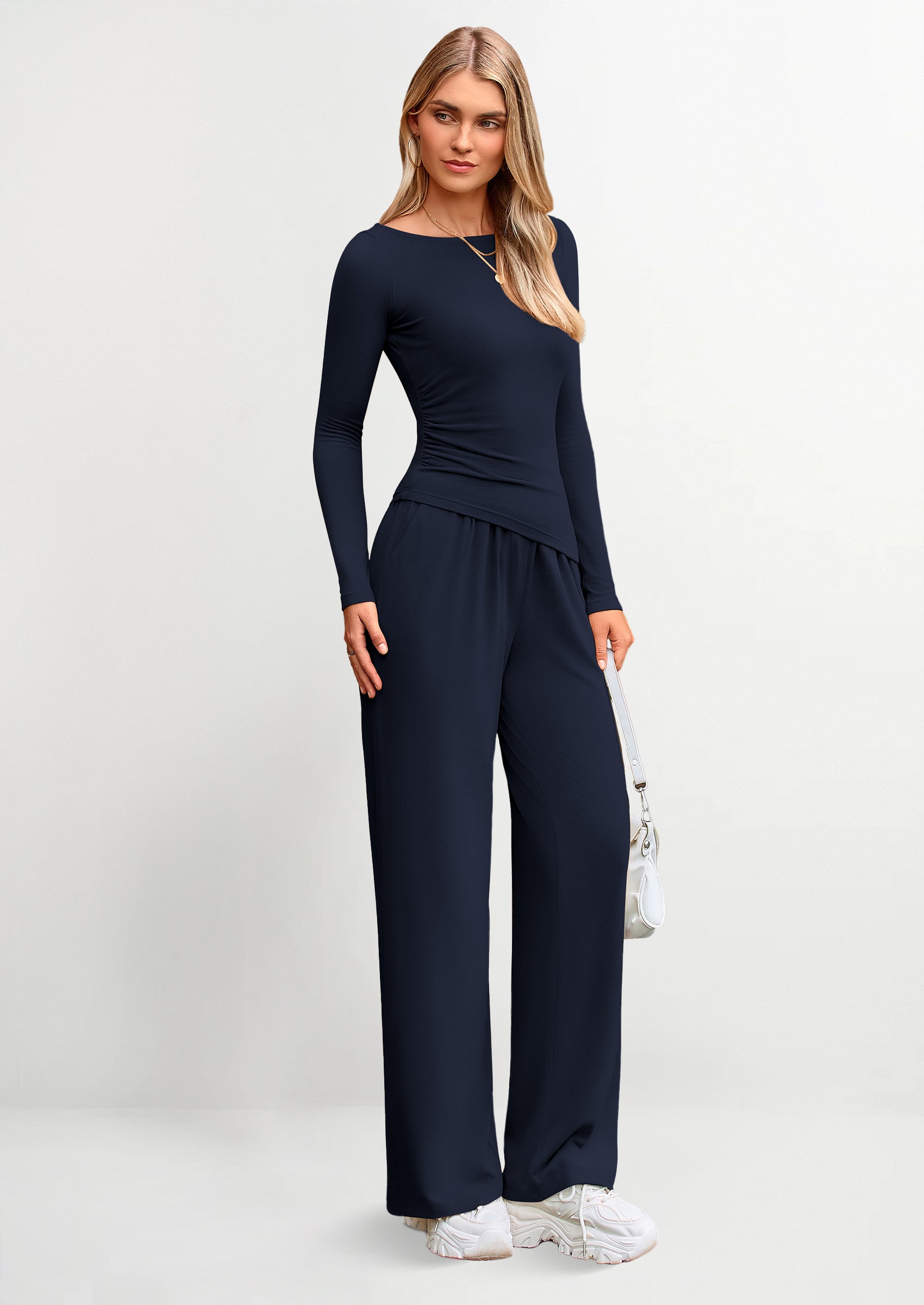 Osonn Women's 2 Piece Lounge Sets Asymmetrical Long Sleeve T Shirt Wide Leg Pants Casual Outfits Tracksuit