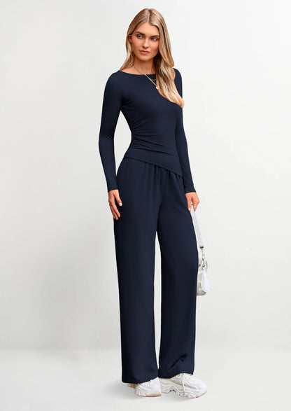 Osonn Women's 2 Piece Lounge Sets Asymmetrical Long Sleeve T Shirt Wide Leg Pants Casual Outfits Tracksuit