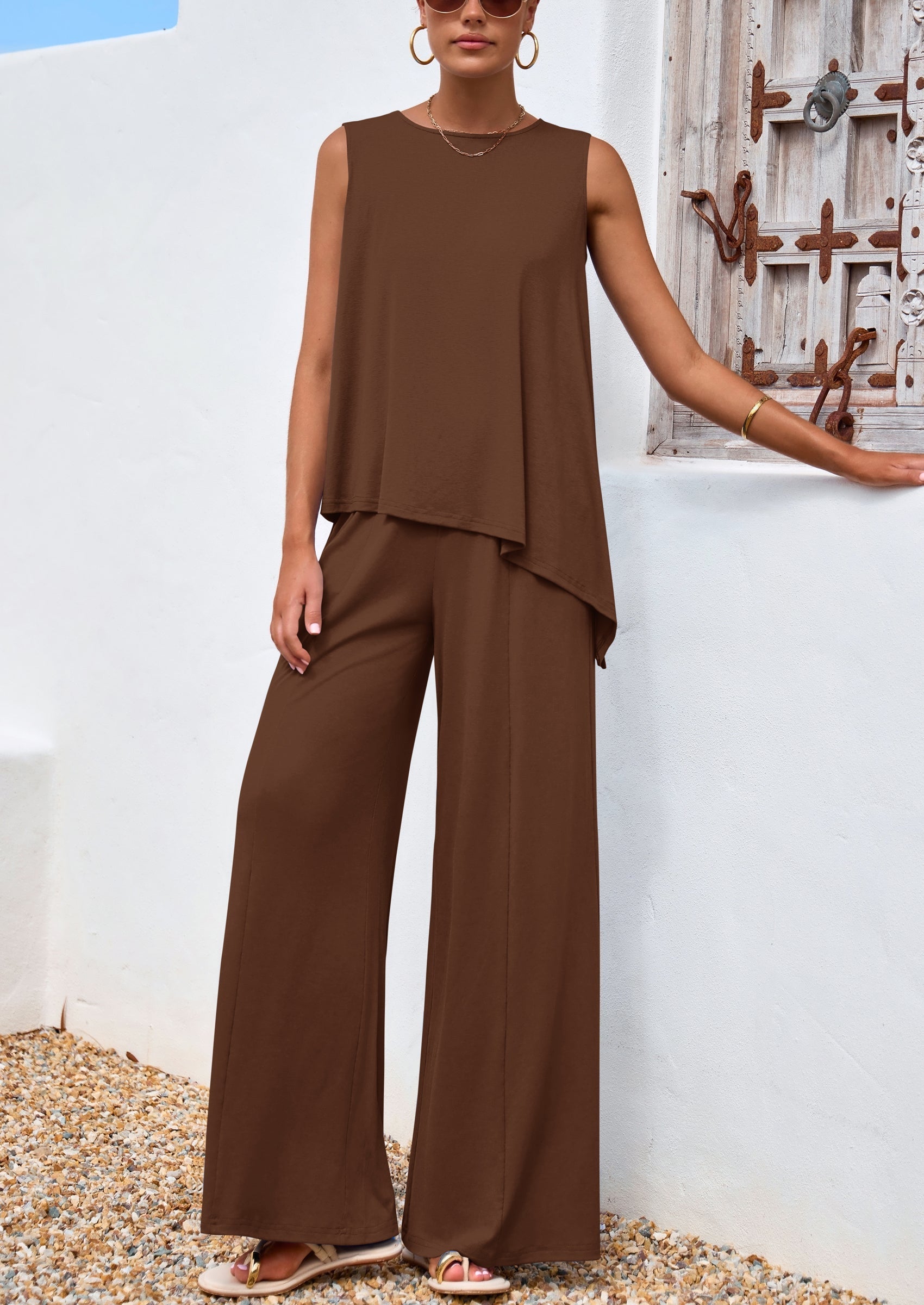 Osonn Women's Two Piece Matching Lounge Sets Asymmetrical Split Tank Tops Wide Leg Pants Summer Outfits Tracksuit