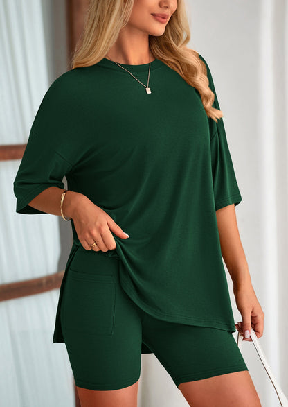 Osonn Women's Two Piece Lounge Set Summer Casual Oversized Shirts Biker Shorts Matching Airport Travel Outfit