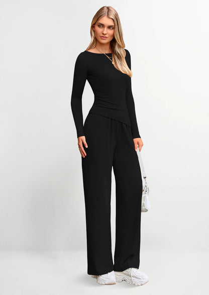 Osonn Women's 2 Piece Lounge Sets Asymmetrical Long Sleeve T Shirt Wide Leg Pants Casual Outfits Tracksuit