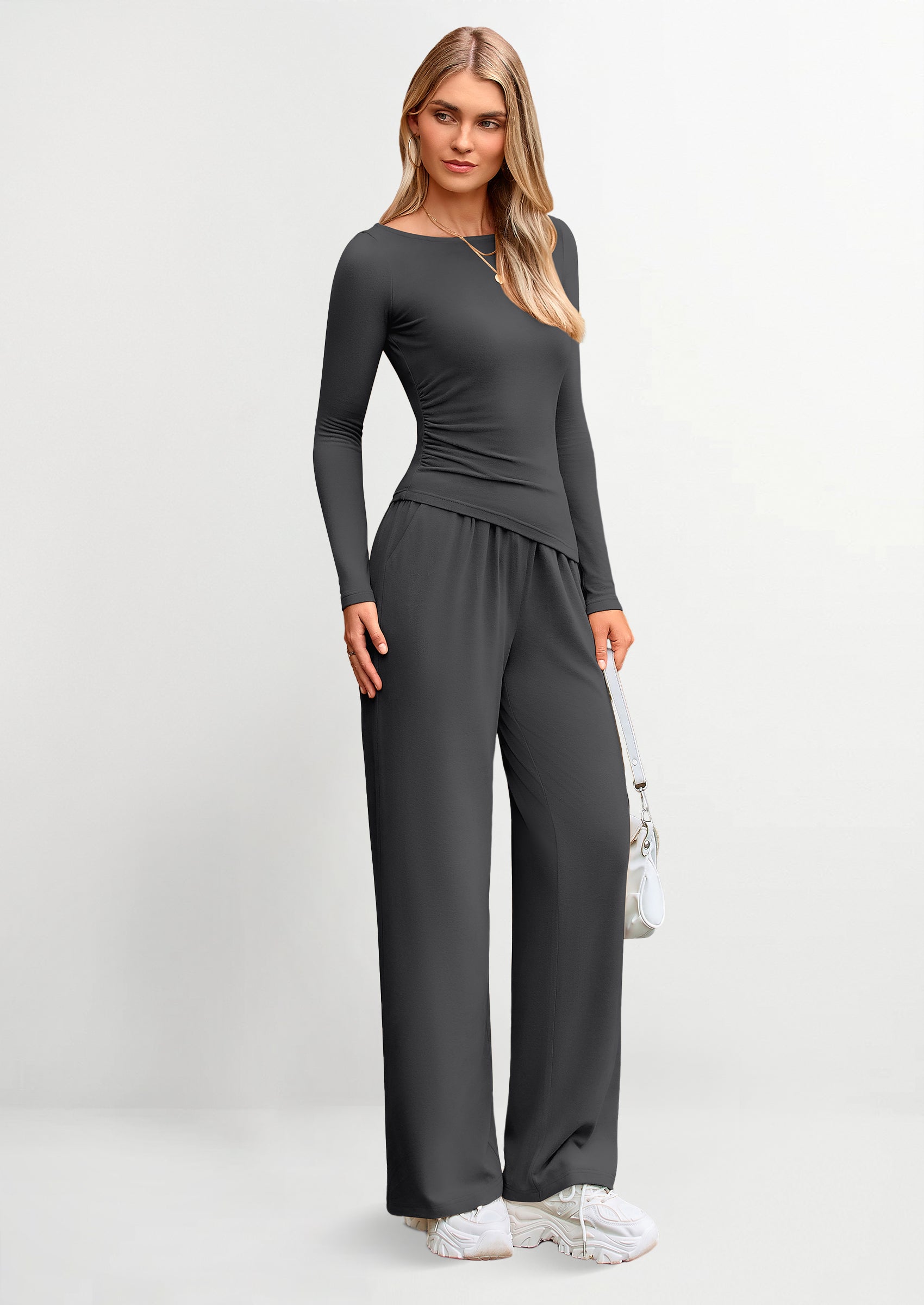 Osonn Women's 2 Piece Lounge Sets Asymmetrical Long Sleeve T Shirt Wide Leg Pants Casual Outfits Tracksuit