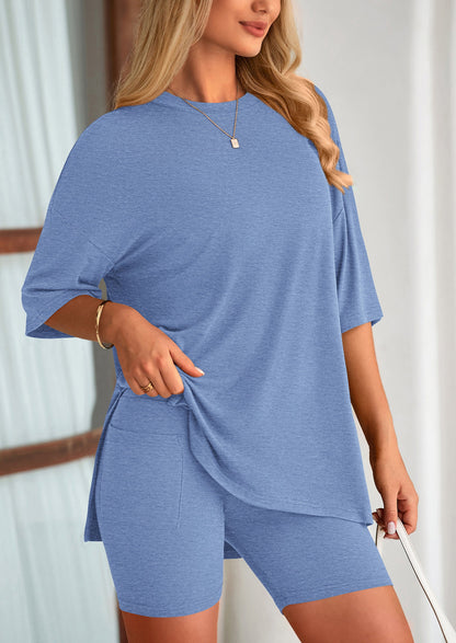 Osonn Women's Two Piece Lounge Set Summer Casual Oversized Shirts Biker Shorts Matching Airport Travel Outfit