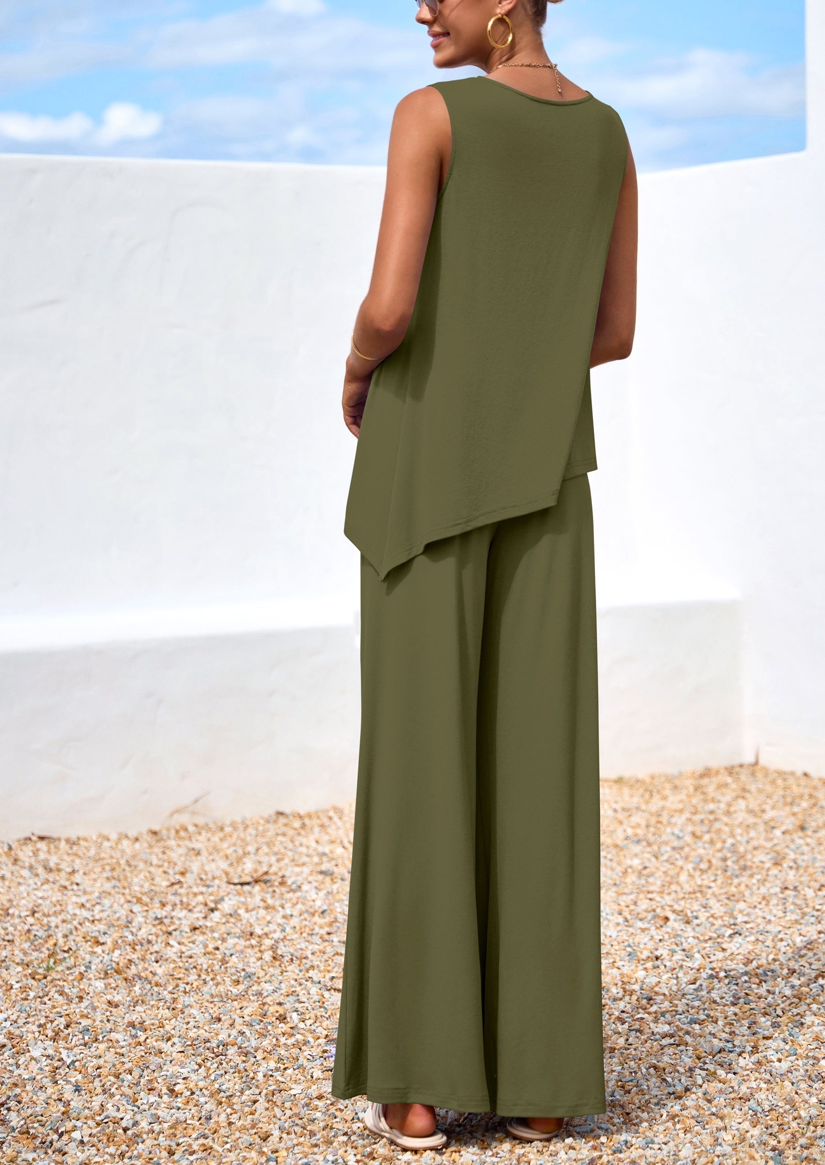 Osonn Women's Two Piece Matching Lounge Sets Asymmetrical Split Tank Tops Wide Leg Pants Summer Outfits Tracksuit