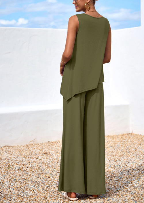 Osonn Women's Two Piece Matching Lounge Sets Asymmetrical Split Tank Tops Wide Leg Pants Summer Outfits Tracksuit