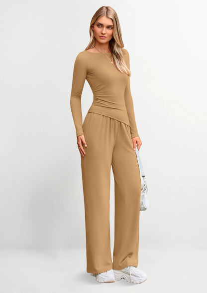 Osonn Women's 2 Piece Lounge Sets Asymmetrical Long Sleeve T Shirt Wide Leg Pants Casual Outfits Tracksuit