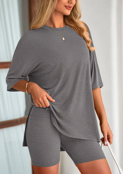 Osonn Women's Two Piece Lounge Set Summer Casual Oversized Shirts Biker Shorts Matching Airport Travel Outfit