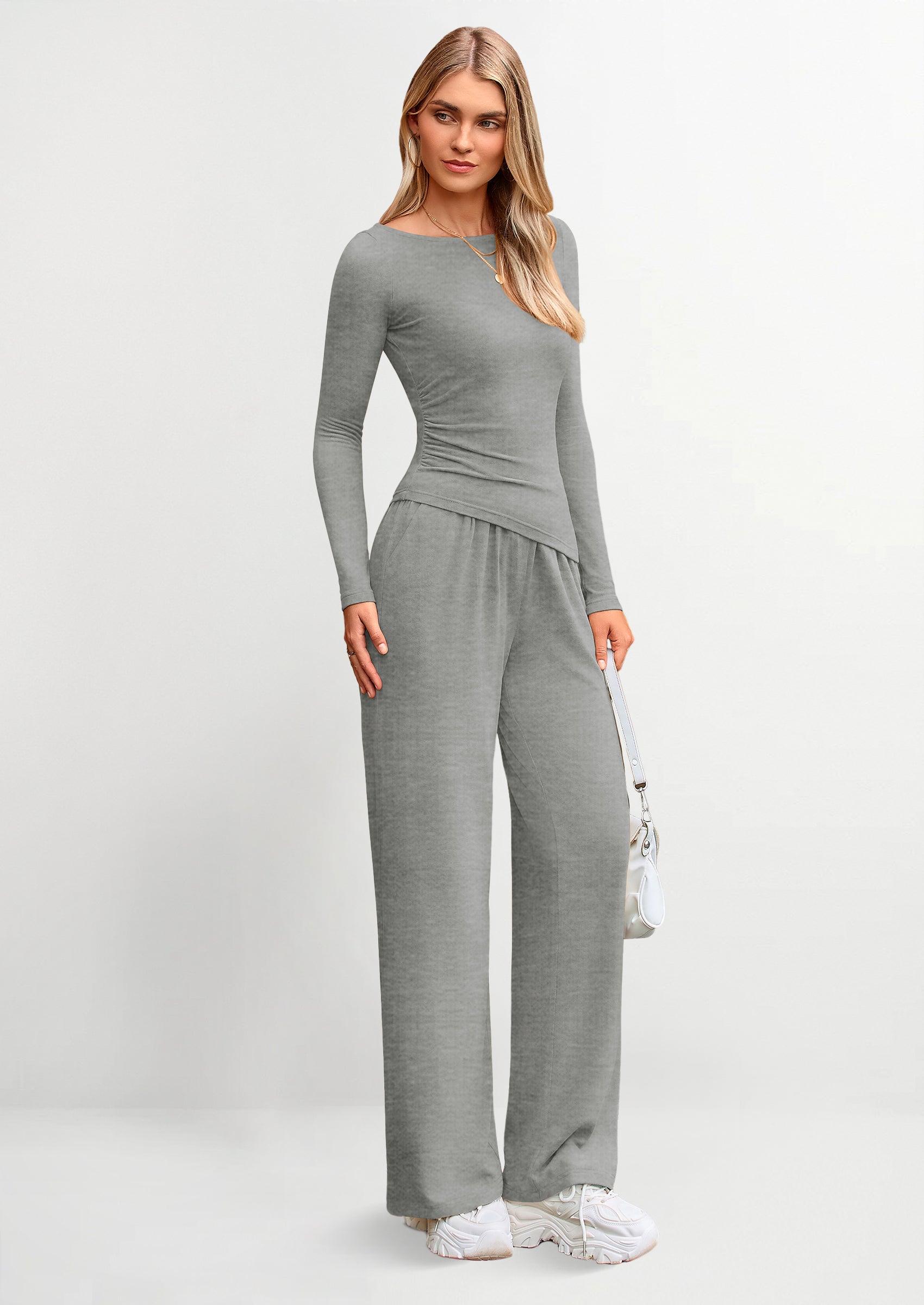 Osonn Women's 2 Piece Lounge Sets Asymmetrical Long Sleeve T Shirt Wide Leg Pants Casual Outfits Tracksuit