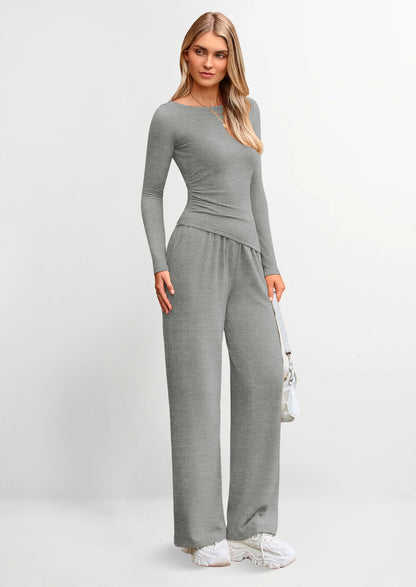 Osonn Women's 2 Piece Lounge Sets Asymmetrical Long Sleeve T Shirt Wide Leg Pants Casual Outfits Tracksuit