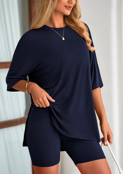 Osonn Women's Two Piece Lounge Set Summer Casual Oversized Shirts Biker Shorts Matching Airport Travel Outfit
