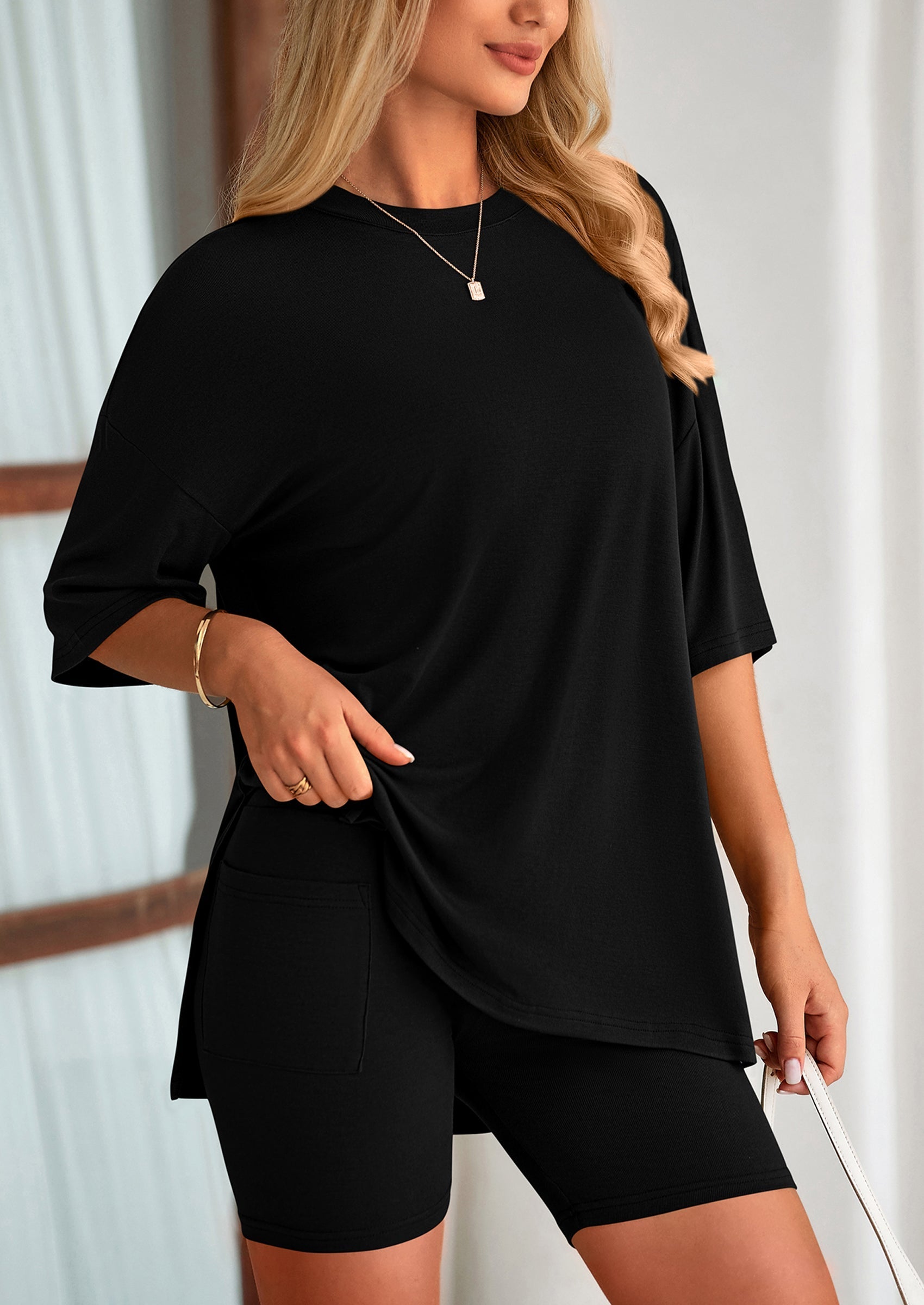 Osonn Women's Two Piece Lounge Set Summer Casual Oversized Shirts Biker Shorts Matching Airport Travel Outfit