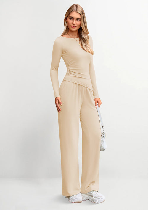 Osonn Women's 2 Piece Lounge Sets Asymmetrical Long Sleeve T Shirt Wide Leg Pants Casual Outfits Tracksuit