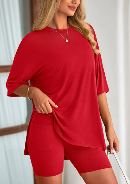 Osonn Women's Two Piece Lounge Set Summer Casual Oversized Shirts Biker Shorts Matching Airport Travel Outfit