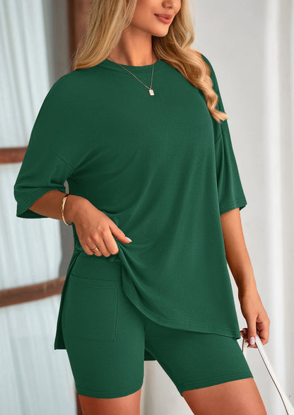 Osonn Women's Two Piece Lounge Set Summer Casual Oversized Shirts Biker Shorts Matching Airport Travel Outfit