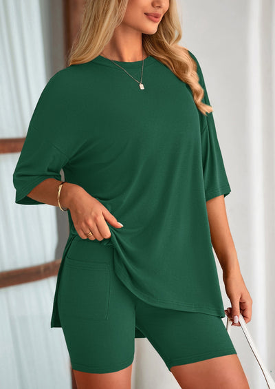 Osonn Women's Two Piece Lounge Set Summer Casual Oversized Shirts Biker Shorts Matching Airport Travel Outfit