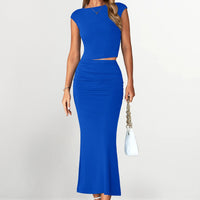 Osonn Summer 2 Piece Sets for Women Going Out Casual Cap Sleeve Crop Tops Ruched Maxi Long Skirts Spring Outfits