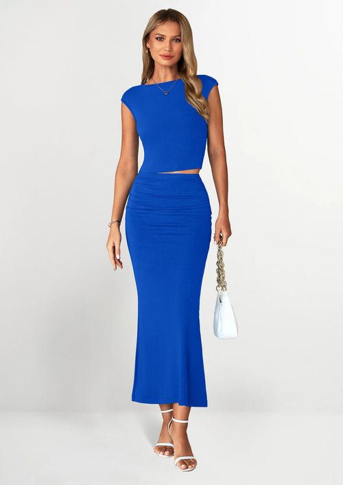 Osonn Summer 2 Piece Sets for Women Going Out Casual Cap Sleeve Crop Tops Ruched Maxi Long Skirts Spring Outfits