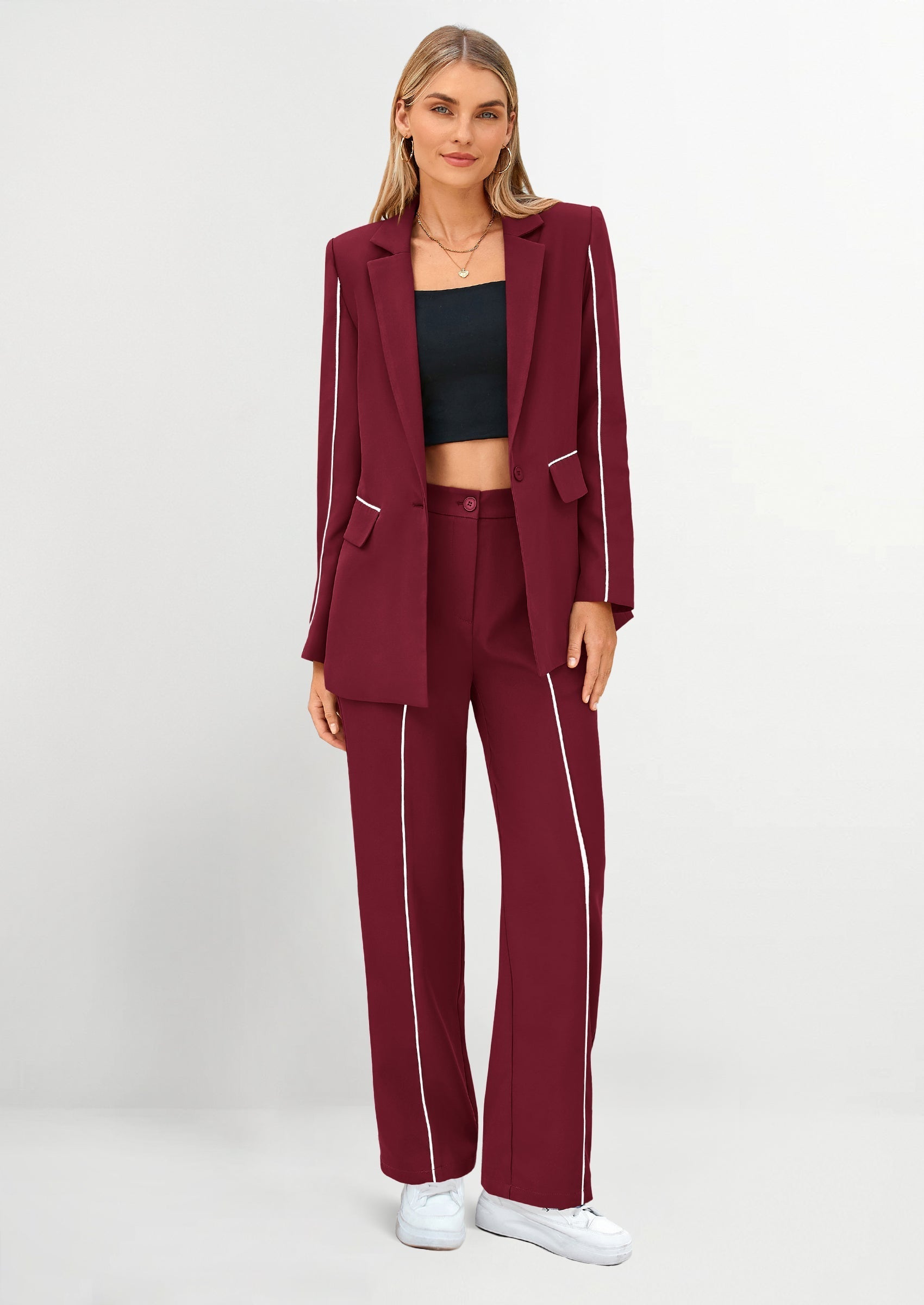 Osonn 2 Piece Blazer Outfits Business Casual Oversized Jacket Wide Leg Work Pants Dressy Suit Set