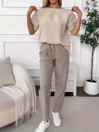 Women's Striped Wide-Leg Casual Pants - High-Waisted, Lightweight Polyester, Machine Washable, All-Season Comfort with Side Stripe Detail