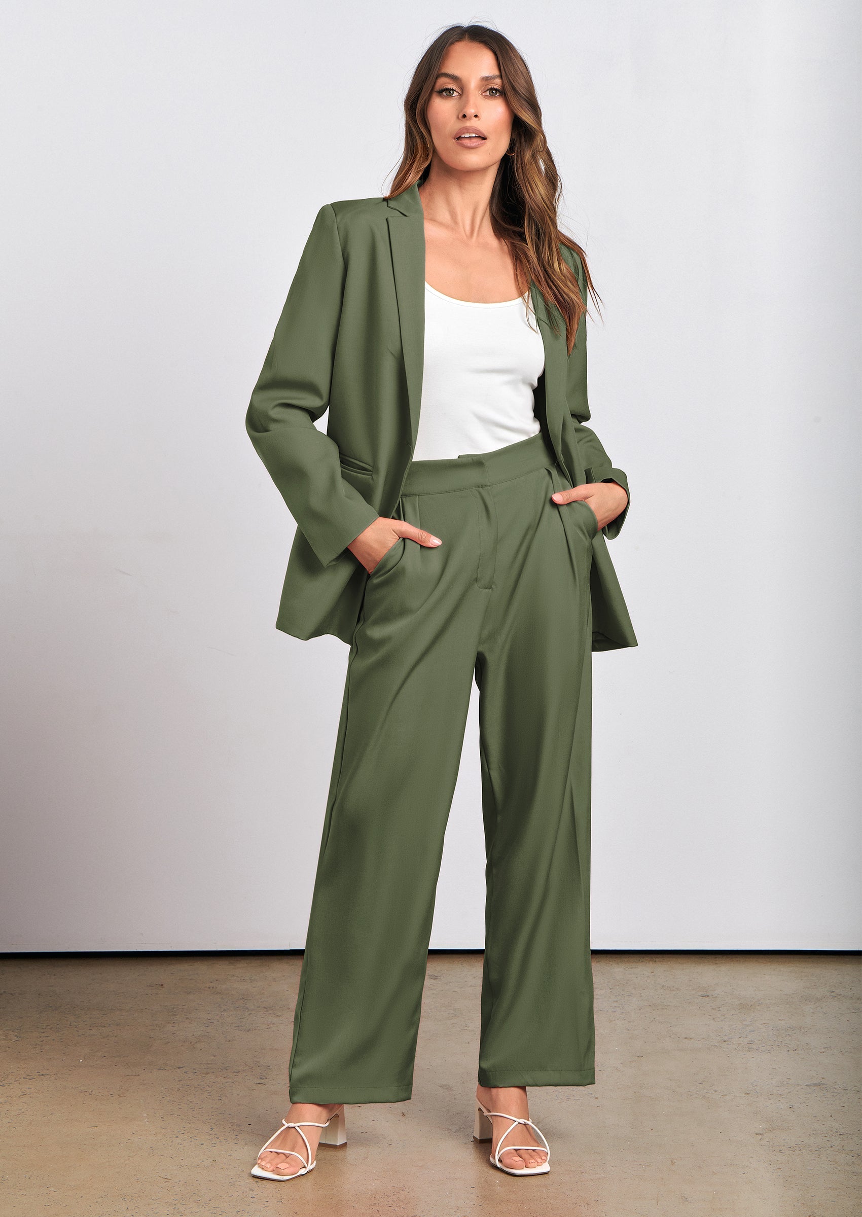 Osonn Women's Fall Two Piece Outfits Dressy Blazer Jacket and Wide Leg Pants Pockets Business Casual Office Suit Sets