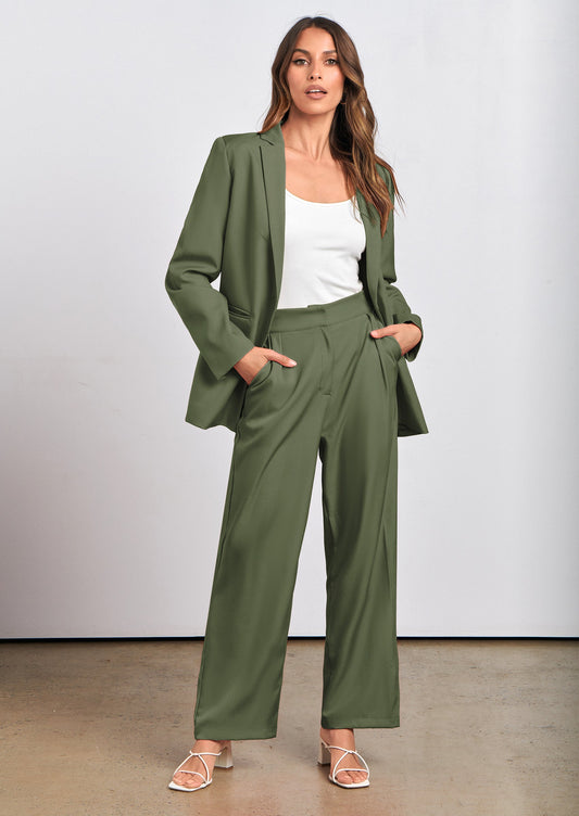 Osonn Women's Fall Two Piece Outfits Dressy Blazer Jacket and Wide Leg Pants Pockets Business Casual Office Suit Sets