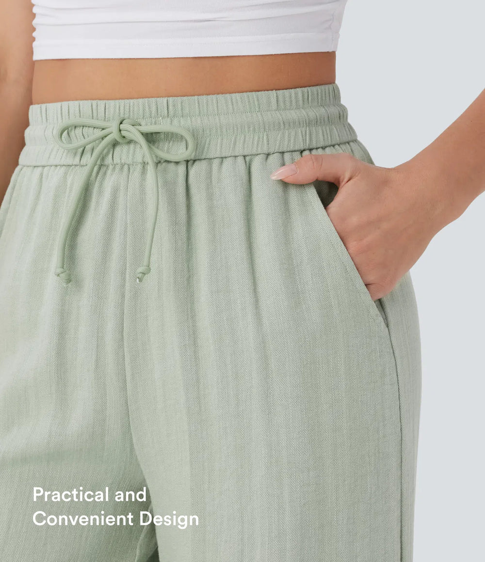 High Waisted Drawstring Pocket Wide Leg Casual Linen-Feel Pants