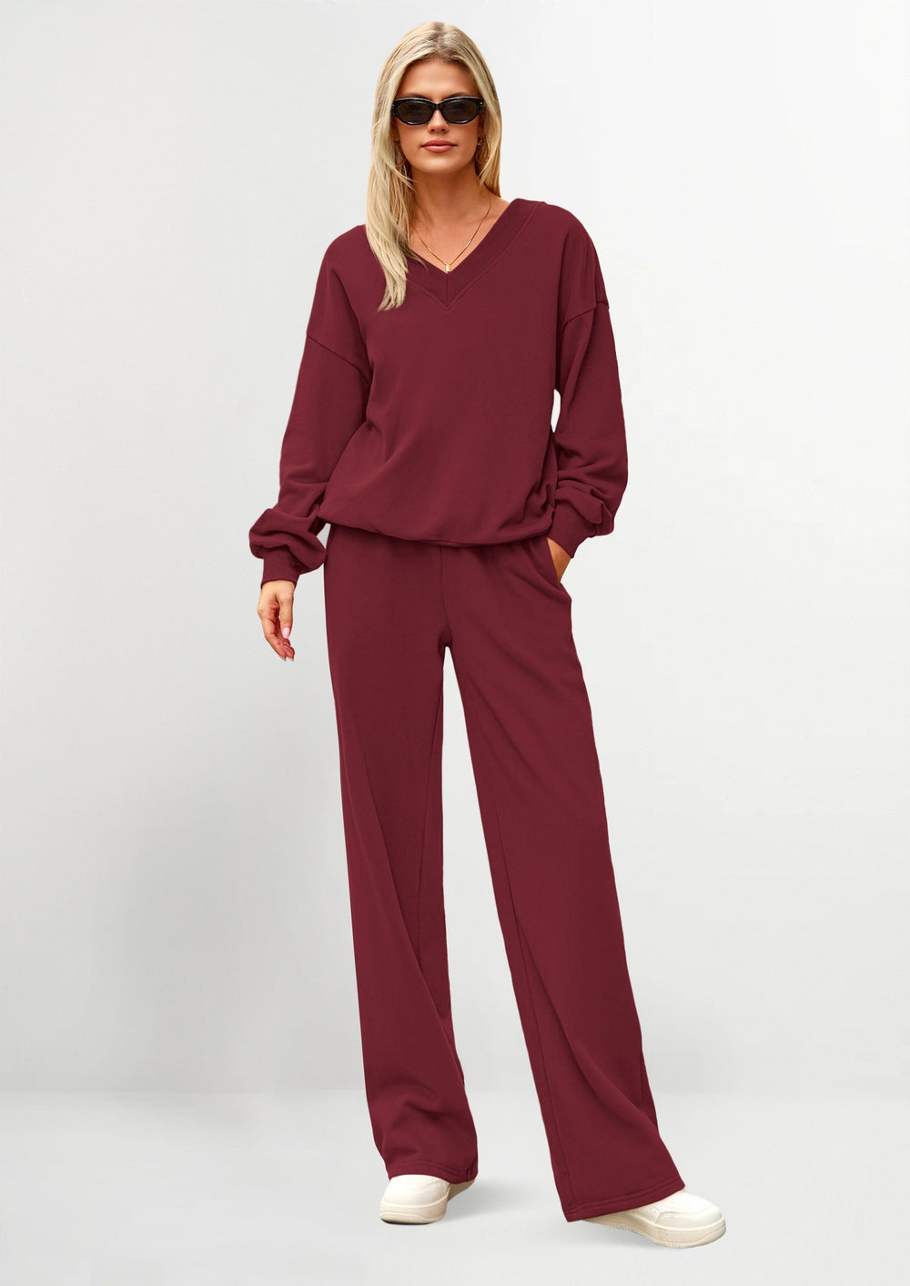 Osonn Casual Winter Two Piece Sets for Women V Neck Sweatshirt Loose Wide Leg Pants Tracksuit Knit Fall Outfits