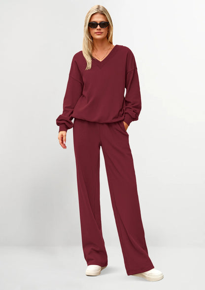 Osonn Casual Winter Two Piece Sets for Women V Neck Sweatshirt Loose Wide Leg Pants Tracksuit Knit Fall Outfits