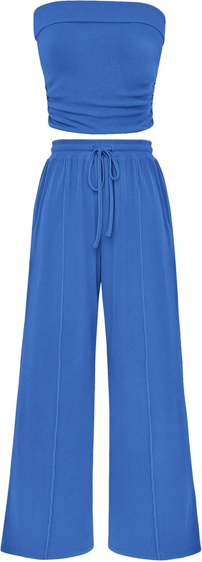 Osonn 2 Piece Sets Casual Ribbed Knit Crop Tube Top Wide Leg Pants Lounge Set