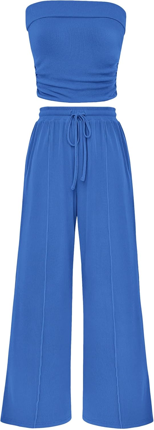 Osonn 2 Piece Sets Casual Ribbed Knit Crop Tube Top Wide Leg Pants Lounge Set