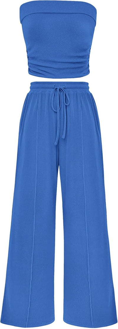 Osonn 2 Piece Sets Casual Ribbed Knit Crop Tube Top Wide Leg Pants Lounge Set