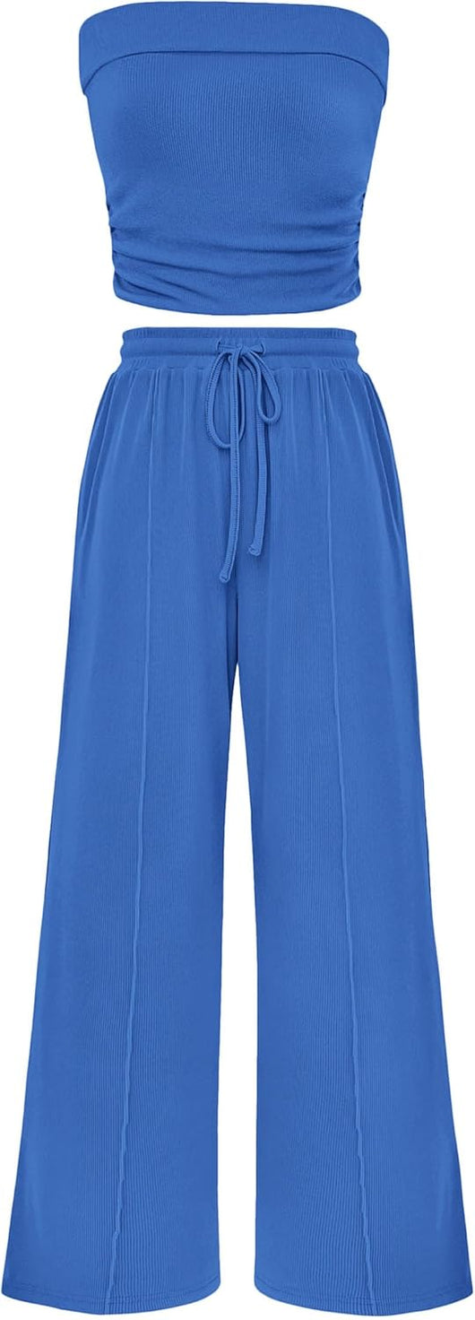 Osonn 2 Piece Sets Casual Ribbed Knit Crop Tube Top Wide Leg Pants Lounge Set
