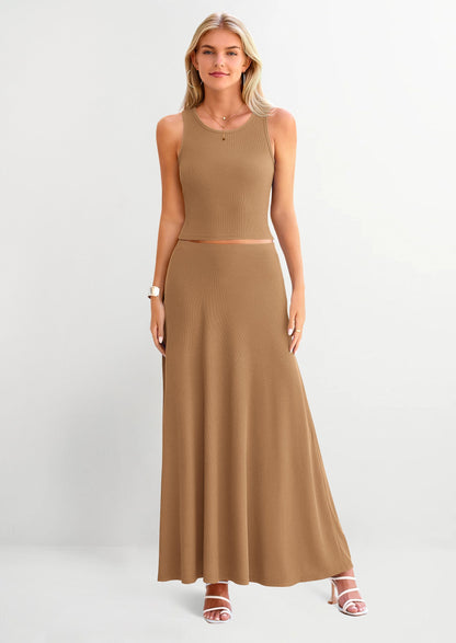Osonn 2 Piece Maxi Skirt Sets Casual Knit Cropped Tank Top High Waisted Long Skirts Outfit
