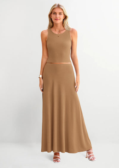 Osonn 2 Piece Maxi Skirt Sets Casual Knit Cropped Tank Top High Waisted Long Skirts Outfit